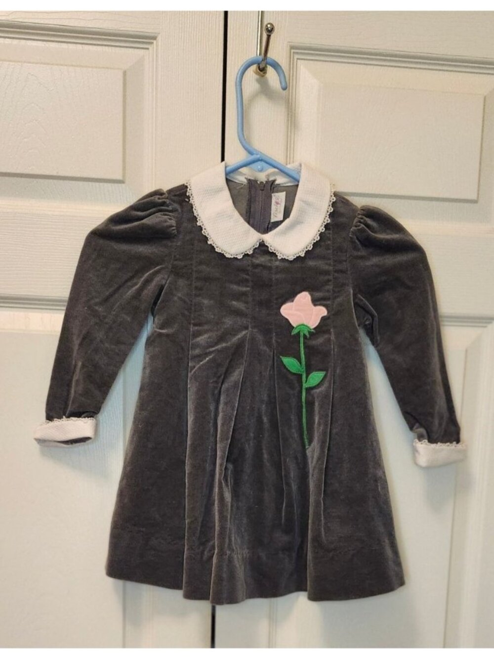 Vtg Girl Fischel Johnston Gray Velour Pink Tulip Peter Pan Collar Dress Size 4